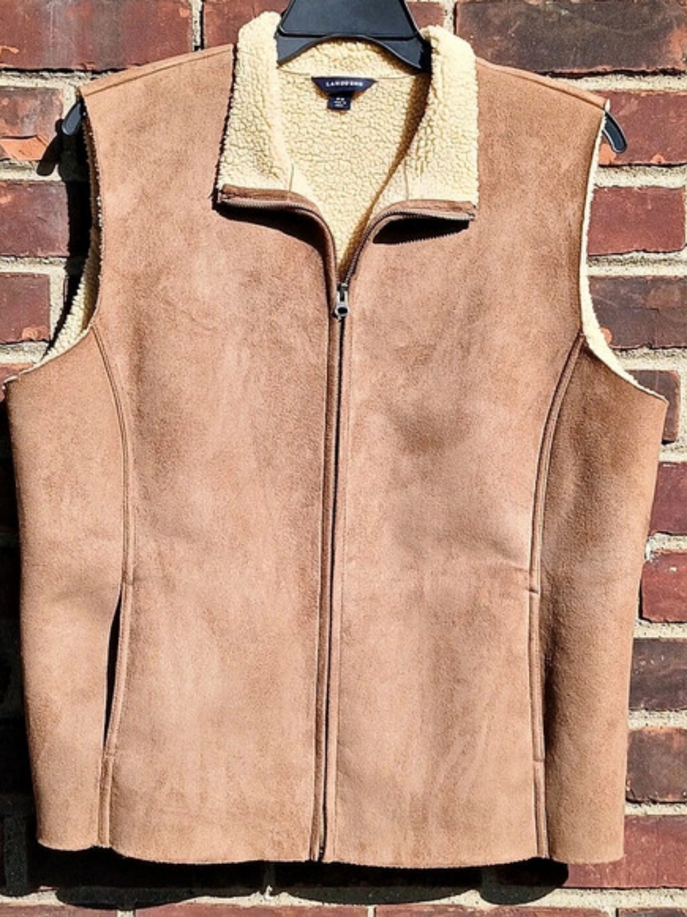 Lands' End Faux Suede Sherpa Lined Vest Brown & Cream XL